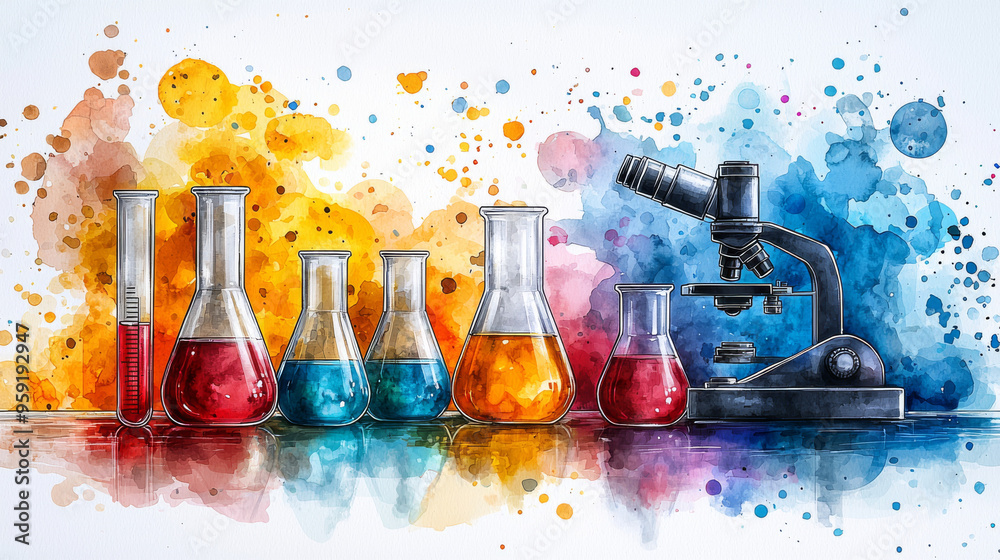 A watercolor illustration of laboratory equipment including beakers, a ...