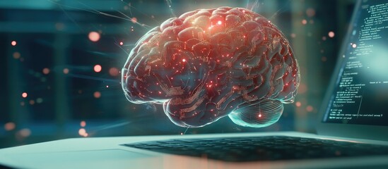 Aufkleber - Double exposure image showcasing a human brain microcircuit intertwined with hand written notes set against a backdrop of a laptop Concept of future technology and AI