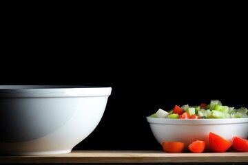 Fresh vegetable salad in white bowl on wooden surface against black background