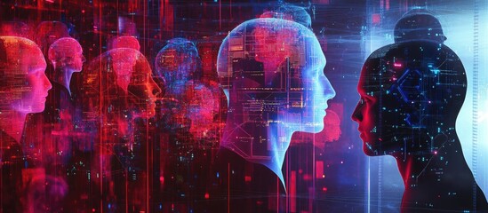 Poster - Composition of network elements alongside various human head profiles focusing on themes of artificial intelligence and contemporary technology