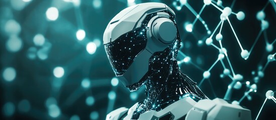 Poster - Graphene and polymer robot set against a digital backdrop showcasing advancements in robotics and future technology 3D rendering