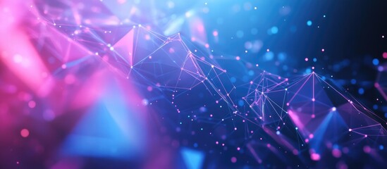 Fototapete - Abstract low poly triangle shapes connected by dots and lines in a dynamic network on a blue cyber space illustration background