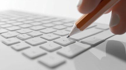 Poster - Hand pressing the Enter key on a keyboard with a pencil on a clean white background