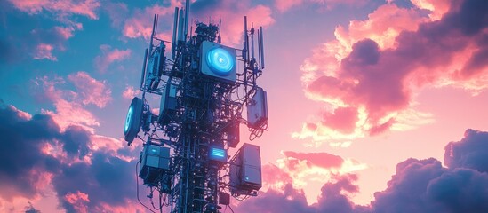 Poster - Telecommunication tower featuring 4G and 5G cellular technology Macro Base Station with radio modules and smart antennas set against a cloudy sky backdrop