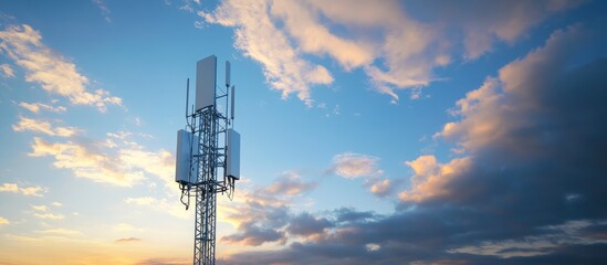 Poster - Cellular network tower equipped with 5G and 4G antennas set against a backdrop of a blue sky filled with clouds