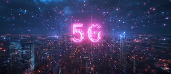 Poster - 5g network digital holography and iot on an urban backdrop showcasing wireless communication systems