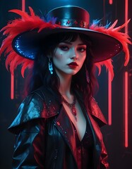 Beautiful woman with red lips and black hair wearing a hat with red feathers..