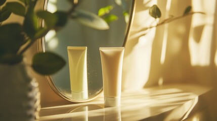 Poster - A tube of cream sits on a countertop, casting a reflection in the mirror, illuminated by warm sunlight filtering through a window. Generative AI