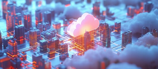 Poster - Contemporary urban landscape and cloud technology concept Integration of systems Software as a Service SaaS
