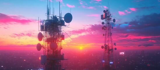 Poster - 5G mobile cell tower at dawn featuring various shortwave and microwave antennas designed for telecommunications data transmission and broadcast signals