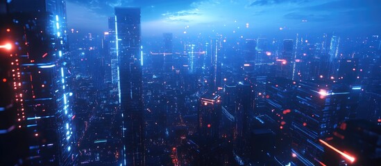 Aufkleber - 6G technology concept showcasing modern cityscapes and communication networks emphasizing a smart city environment with a blue toned aesthetic