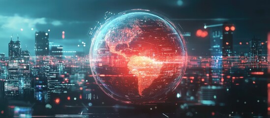 Aufkleber - Abstract virtual robotics technology hologram featuring a globe illustration against a city skyline backdrop Concept of robot development and automation through multiple exposures