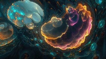Poster - Abstract digital fractal design with a fantasy theme featuring intricate patterns and vibrant colors