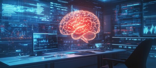 Aufkleber - Double exposure of a workspace featuring a computer and a holographic representation of a human brain Concept of brainstorming and creativity