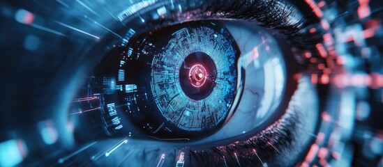Poster - Futuristic 3D rendering of biometric security screening focusing on a human eye or iris concept