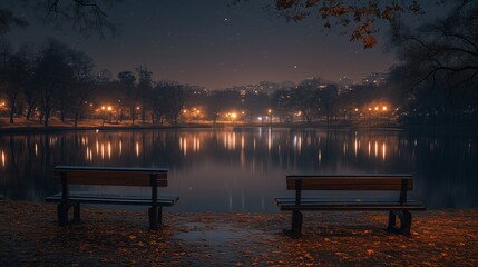 Canvas Print - Quiet park benches by a tranquil lake under a starry night sky with city lights twinkling in the background