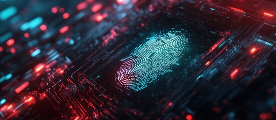 Poster - Fingerprint scanning and biometric authentication for securing devices emphasizing cybersecurity and fingerprint passwords as aspects of future technology and cybernetics