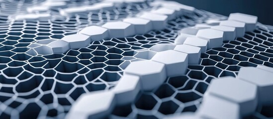 Poster - Abstract wave of interconnected hexagons in white against a dark blue backdrop 3D rendering
