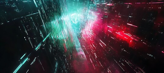 Poster - A futuristic, neon-lit cityscape with a large dark area for text