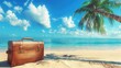 © ProPhotos - An antique suitcase lying on a tropical beach, against the backdrop of a clear blue sky and palm trees.