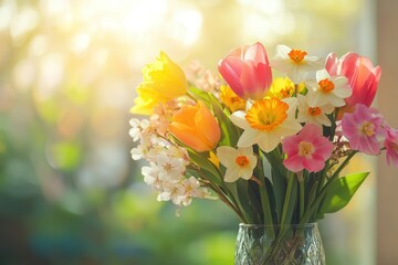 Aufkleber - A cheerful bouquet blooms with tulips, daffodils, and cherry blossoms, brightening the room with colors in warm spring light. Generative AI
