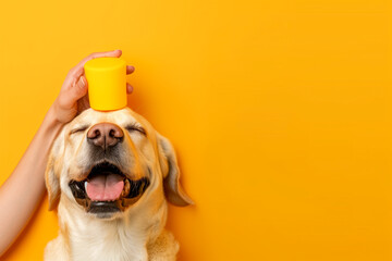 A dog is smiling and has a yellow cup on its head