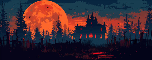 Wall Mural - Haunted house with a moon behind. Vector flat isolated.