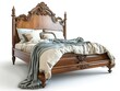 © Infinity - A wooden bed with a carved headboard and footboard, with a white duvet, pillows, and a blue throw blanket.