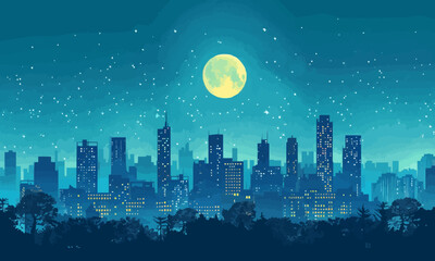 Wall Mural - A flat vector of a city skyline at night.