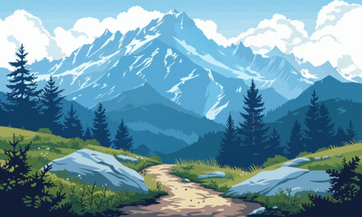 Wall Mural - A flat vector of a mountain hiking trail.