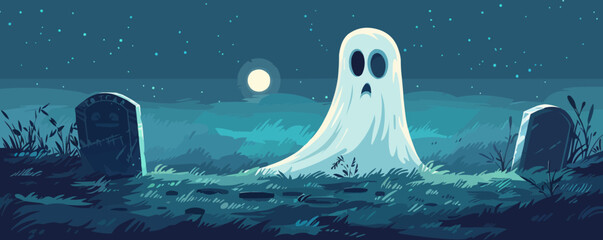 Wall Mural - Ghost peeking out from behind a tombstone. Vector flat isolated.