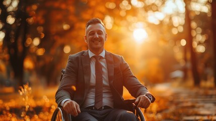 Confident Caucasian man in business suit sitting in wheelchair with cheerful expression showing professional and optimistic lifestyle in park with sunset background.