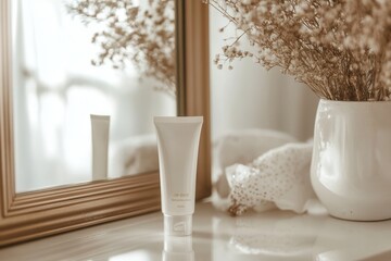 Poster - A tube of cream is placed on a table, with its reflection visible in the mirror, surrounded by a warm and calming interior decor. Generative AI