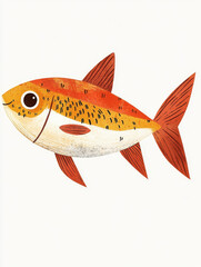 Wall Mural - A cute cartoon illustration of a red and orange fish swimming. The fish has a white belly and big black eyes.