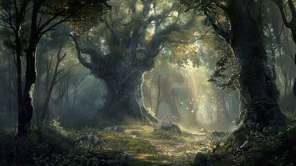 Wall Mural - A mystical forest path leads to a large, ancient tree with sunbeams shining through the foliage.