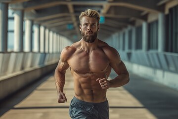 Muscular male athlete running on a modern indoor track during early morning workout session