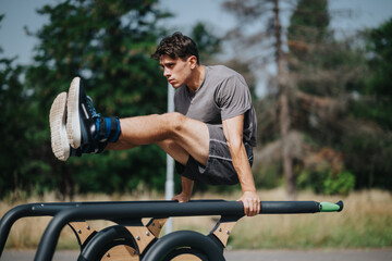 Wall Mural - Young man performing abdominal exercise on parallel bars in a park. Outdoor fitness and health-focused activity.