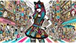 © Paintbrush - A wide, colorful line drawing of a model in Harajuku street fashion, posing vibrantly amidst a lively fashion street.