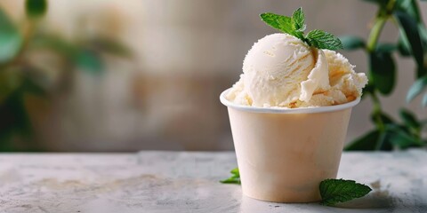 Poster - Closeup of mint infused vanilla ice cream in a paper cup on a light grey table