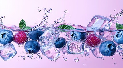 Wall Mural -   Blueberries, raspberries, and ice cubes on a pink background with water splashing on them