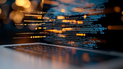 Closeup of a laptop screen displaying code with a blurred background of warm lights.