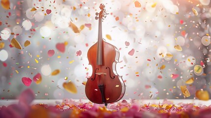 A violin is surrounded by a pile of pink petals