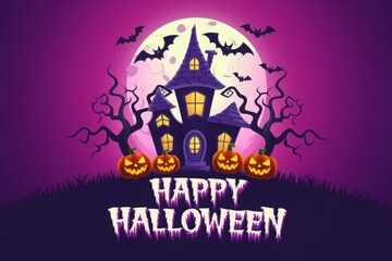 Wall Mural - Happy halloween banner or party invitation background with violet fog clouds and pumpkins
