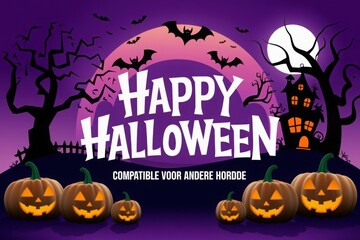 Wall Mural - Happy halloween banner or party invitation background with violet fog clouds and pumpkins
