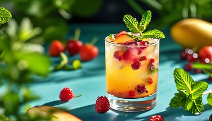 A refreshing fruit drink decorated with mint leaves and surrounded by turquoise plants and fruits, showing the coolness of summer.