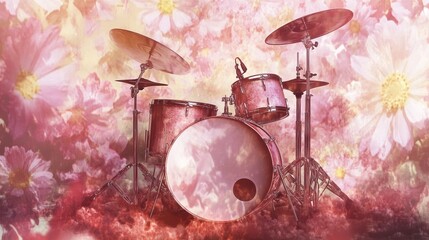 A pink drum set is surrounded by pink flowers