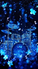 Wall Mural - A blue drum set with a blue background and butterflies