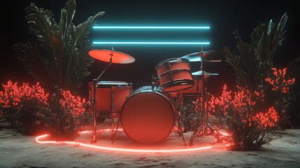 Wall Mural - A neon sign is behind a drum set