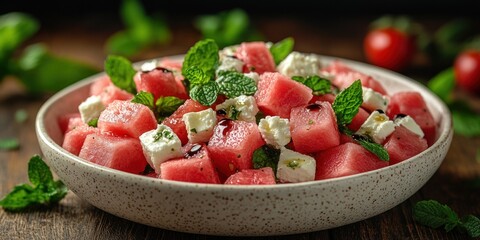 Sticker - Watermelon, Feta, and Mint Salad in a White Bowl