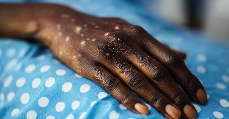 A detailed view of an African American patient's hand showing mpox lesions on a hospital bed, indicating monkeypox symptoms and associated medical treatment.